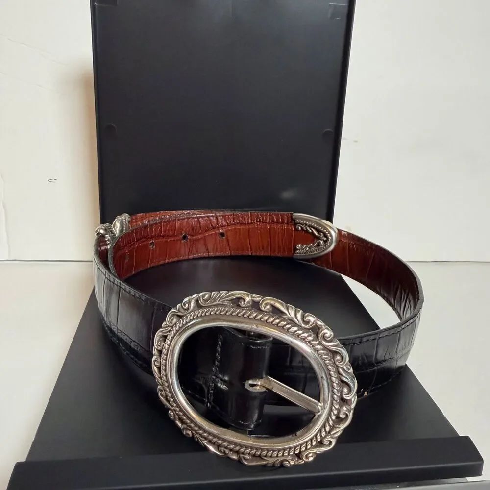 Brighton Reversible Leather Belt S 32 Black Brown Silver Western Scroll Vintage